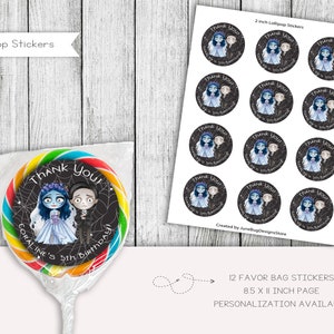 May include: Twelve 2-inch round lollipop stickers featuring a cartoon couple with the text "Thank You!" and "Coraline's 5th Birthday". The stickers are printed on white paper and are designed for favour bags.