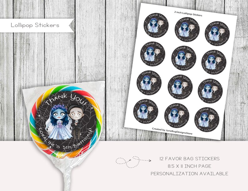 May include: Twelve 2-inch round lollipop stickers featuring a cartoon couple with the text "Thank You!" and "Coraline's 5th Birthday". The stickers are printed on white paper and are designed for favour bags.