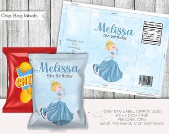 Baby Cinderella Birthday Snack Size Chip Bag Label, Princess Labels, Party Favors, Personalized, Digital