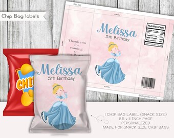 Baby Cinderella Birthday Snack Size Chip Bag Label, Princess Labels, Party Favors, Personalized, Digital