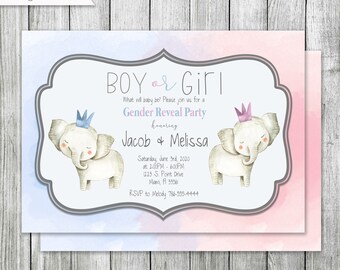 Baby Elephant Gender Reveal Party Invitation, Elephant Prince or Princess Gender reveal, Personalized, Digital File