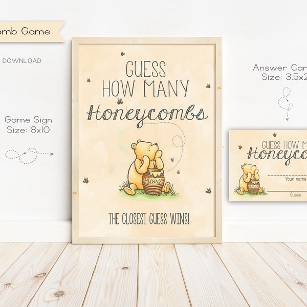 Classic Winnie the Pooh Baby Shower How many honeycombs, Sign and answer cards, Printable, Digital, Instant Download