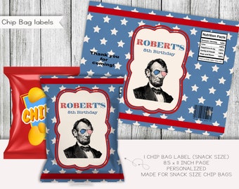 Label President Birthday Chip Bag, feestbedankje Amerikaanse vlag (gepersonaliseerde digitale download)