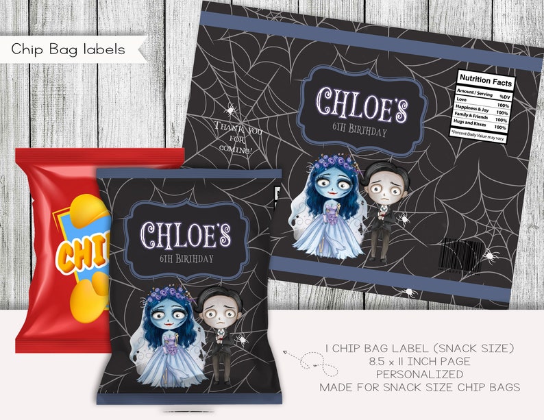May include: Two printable chip bag labels featuring a black and white spiderweb design with a cartoon couple in the centre. The text on the labels reads "Chloe's 6th Birthday".