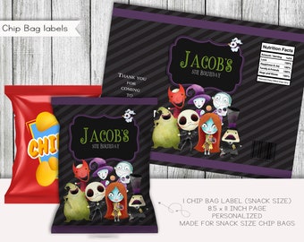Nachtmerrie Halloween Verjaardag Snack Grootte Chipzakje Etiketten, Feestartikelen, Labels, Afdrukbaar, Gepersonaliseerd, Digitaal