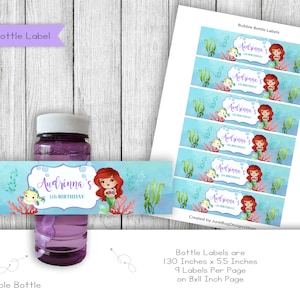 May include: Printable bubble bottle labels featuring a mermaid with red hair and a blue tail. The labels are designed for a 5th birthday party and say "Audrinna's 5th Birthday". The labels are 1.30 inches by 5.5 inches and there are 9 labels per page on an 8x11 inch page.