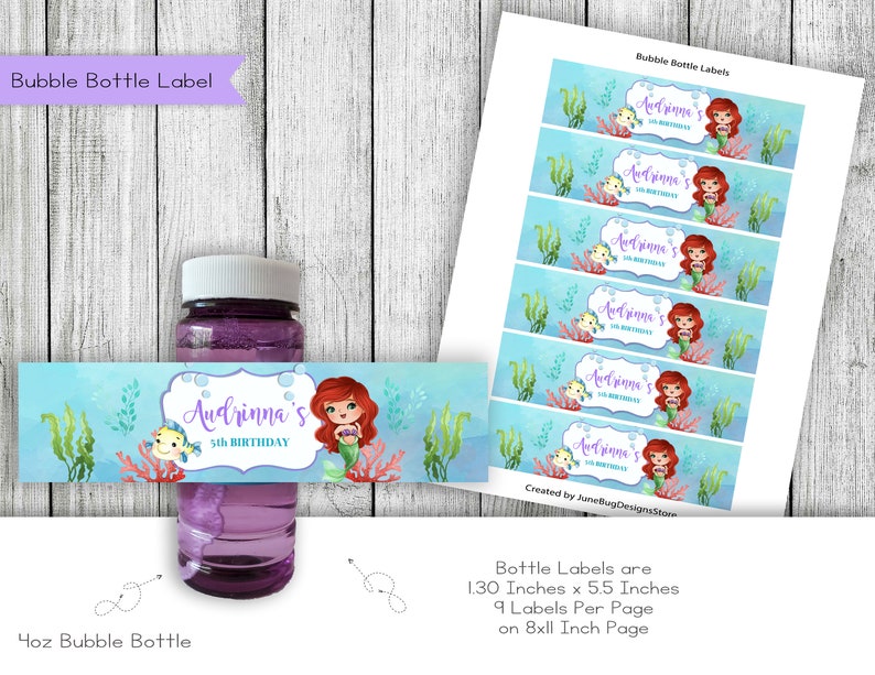 May include: Printable bubble bottle labels featuring a mermaid with red hair and a blue tail. The labels are designed for a 5th birthday party and say "Audrinna's 5th Birthday". The labels are 1.30 inches by 5.5 inches and there are 9 labels per page on an 8x11 inch page.