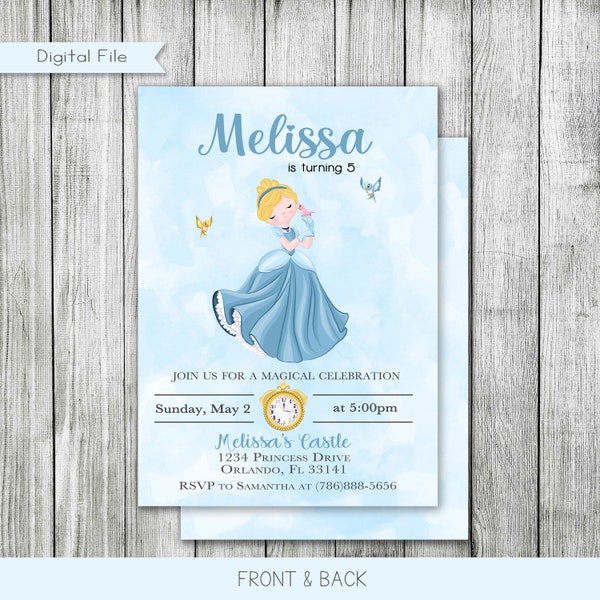 Cinderella Birthday Invitation, Princess, Fairy Tale, Blue Water Color, Printable, Personalized, Digital File