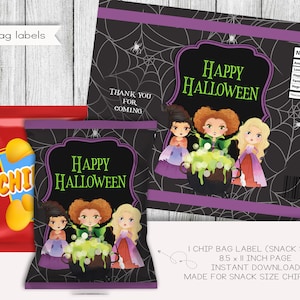 Witch Sisters Halloween Party Snack Size Chip Bag Labels, Halloween Party Favors, Labels, Printable,  Instant Download, Digital