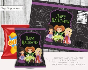 Witch Sisters Halloween Chip Bag Labels, Snack Size (Digital)