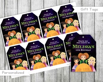 Witch Sisters Birthday Favor Tags, Personalized Halloween Gift Tags (Digital)