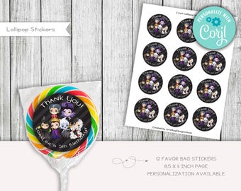 Girl Villains Birthday Lollipop Stickers, Editable 2 Inch (Digital, Printable)