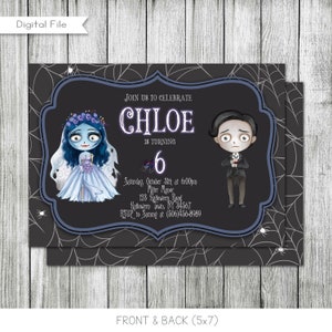 May include: A black and white invitation with a spiderweb design. The invitation is for Chloe's 6th birthday party. It features a cartoon illustration of a bride and groom dressed in a gothic style. The text reads "Join us to celebrate Chloe is turning 6. Saturday, October 31st at 6:00pm Miller Manor 123 Halloween Road Halloween Town, NY 34567 RSVP to Sammy at (506)456-8989"