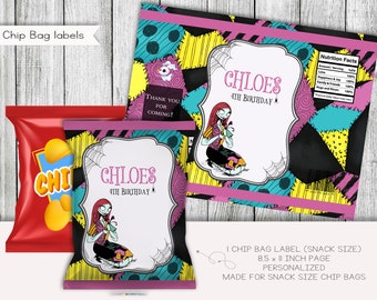 Nightmare Halloween Birthday Snack-chipzakjeslabels, gepersonaliseerd (digitaal)