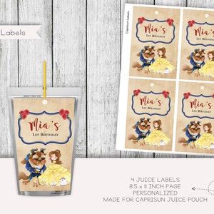 La bella e la bestia Compleanno Juice Pouch Etichette, Bomboniere, Adesivi, Stampabili, Digitali, Personalizzati