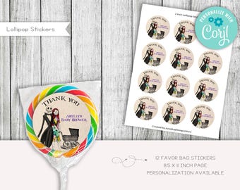 Nightmare Baby Shower Lollipop Stickers, Editable Party Favors (Digital, 2 Inch)