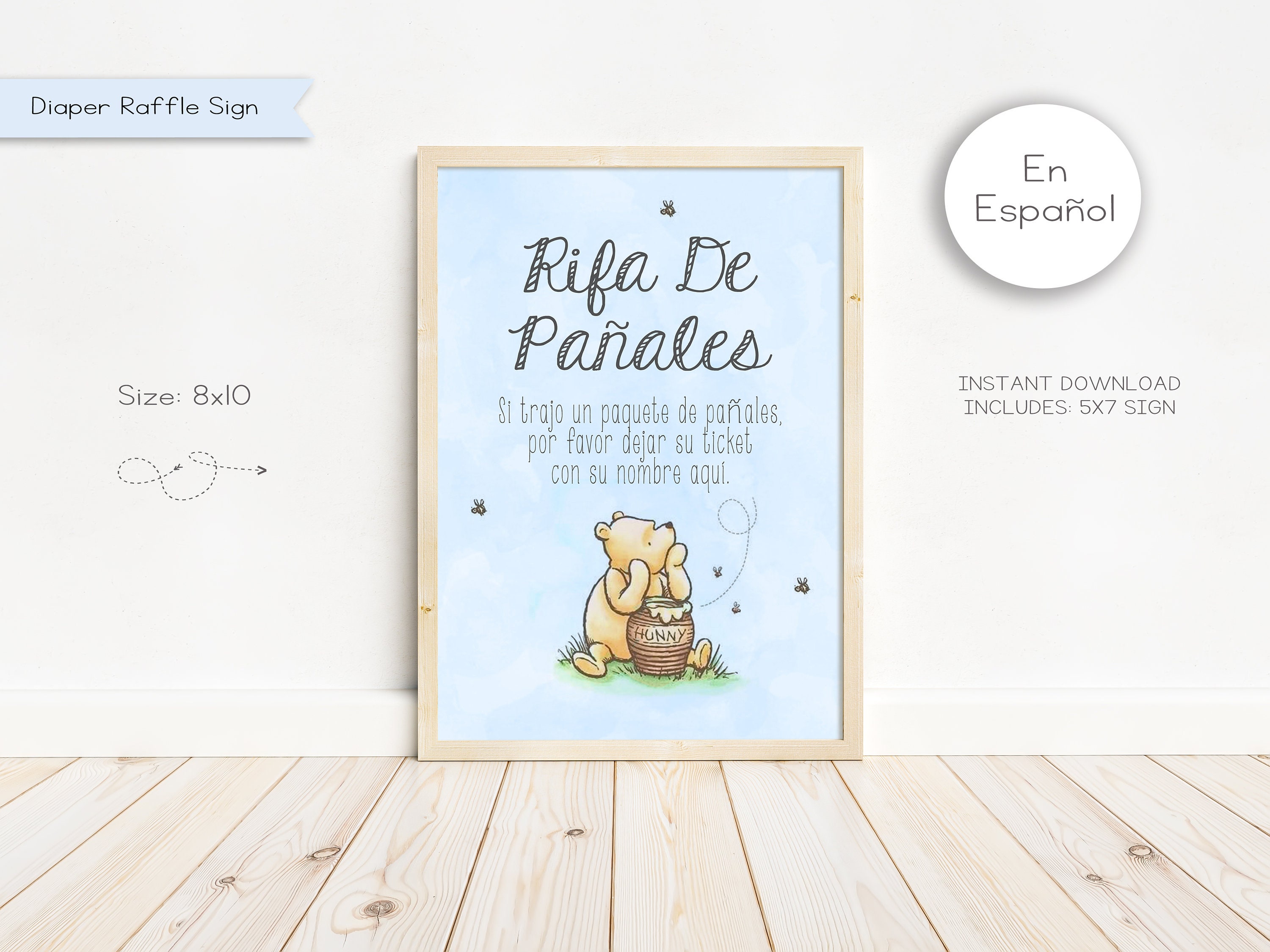 Klassische Winnie Puuh Baby Shower Windel Raffle Zeichen auf Spanisch, Windel Raffle Sign, Baby Shower Sign, Instant Download