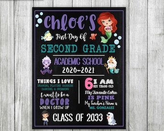 Letrero de La Sirenita para el primer día de clases, imprimible y personalizado (digital)