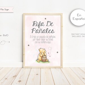 Letrero clásico para rifa de pañales de Winnie the Pooh para baby shower en español, letrero para rifa de pañales, letrero para baby shower, descarga instantánea