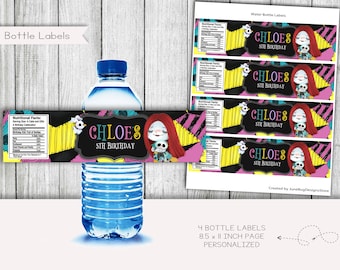 Nightmare Birthday Water Bottle Labels, Personalized Party Favors (Digital)