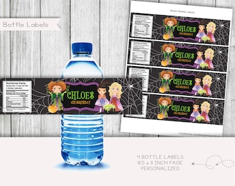 Witch Sisters Birthday Water Bottle Labels, Halloween Party (Personalized Digital Download)