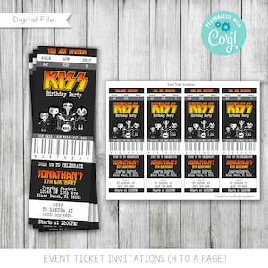 Rock n Roll Concert Tickets Birthday Invitation, Music Rock Concert Birthday Invitation, Printable, Digital, Editable, Size 2.5x7, JPG, PDF
