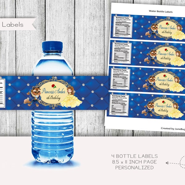 Beauty and The Beast Birthday Water Bottle Labels, Beauty and the Beast Party Favors, Personalized, Juice Labels, Digital