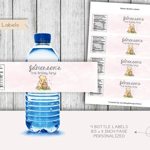Etiquetas clássicas para garrafas de água de aniversário de urso, lembrancinhas, embalagens de garrafas, imprimíveis, personalizadas, digitais