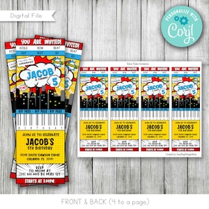 Superhero Birthday Ticket Invitation, Comic Book Birthday Invitation, Printable, Digital, Editable, Size 2.25x7, JPG, PDF