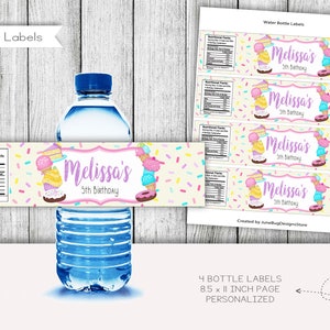 May include: Four printable water bottle labels featuring a pink and white background with colorful sprinkles. The labels have a pink banner with the text "Melissa's 5th Birthday" and a graphic of cupcakes, ice cream cones, and cake slices.