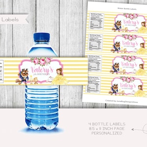 La bella e la bestia baby doccia bottiglia d'acqua etichette, la bella e la bestia bomboniere, personalizzate, etichette di succo, digitale