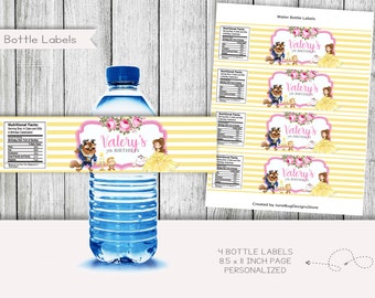 May include: Four printable water bottle labels featuring a yellow and white striped background with a pink and white floral design. The labels feature a cartoon image of Belle and the Beast from the Disney movie Beauty and the Beast. The text on the labels reads "Valery's 7th Birthday".