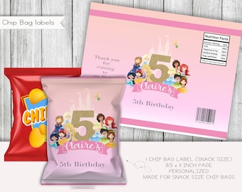 Princess Friends Birthday Snack Size Chip Bag Labels, Party Favors, Labels, Printable,  Personalized, Digital