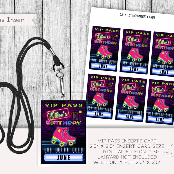 Roller Skating Vip pass Inserts, Birthday Vip Inserts, Lanyard Inserts (3 x 4), Printable, Personalized, Digital File