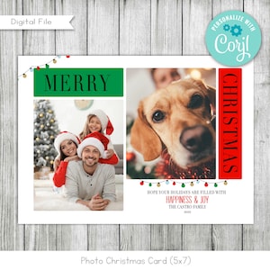 Merry Christmas Greeting Card, 2 Photo Family Holiday Card, Digital, Printable, Editable, 5x7, PDF, JPG, PNG