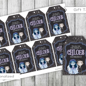 May include: Set of 8 printable gift tags featuring a cartoon couple with a black and white spiderweb background. The text on the tags reads "Thank you for coming to Chloe's 6th Birthday".