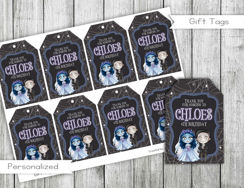 May include: Set of 8 printable gift tags featuring a cartoon couple with a black and white spiderweb background. The text on the tags reads "Thank you for coming to Chloe's 6th Birthday".