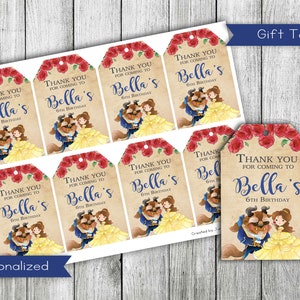 La bella e la bestia grazie Tag regalo, tag favore di compleanno principessa, tag regalo principessa, digitale, personalizzato