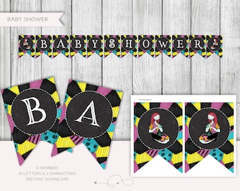 Nachtmerrie babyshowerbanner, personagevlaggen (digitaal bestand)