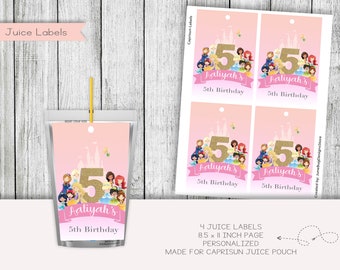 Princess Friends Birthday Juice Pouch Labels, Party Favors, Stickers, Printable, Digital, Personalized
