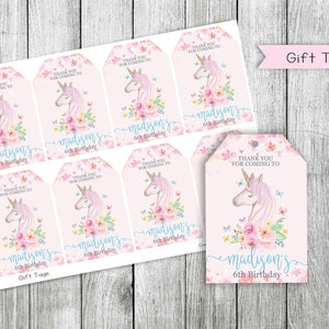 Floral Einhorn Geburtstag Danke Tags, Einhorn favor tags, Einhorn, rosa Aquarell Geschenk Tags, digital, personalisiert