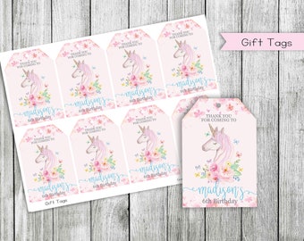 Floral Unicorn Birthday Thank You Tags, Personalized (Digital)