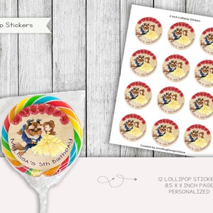 Etichette adesive per lecca-lecca di compleanno della bella e la bestia, toppers principessa, bomboniere, stampabili, digitali, personalizzate