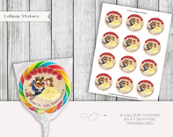 Beauty and the Beast Birthday Lollipop Sticker Labels, Princess Toppers, Party Favors, Printable, Digital, Personalized