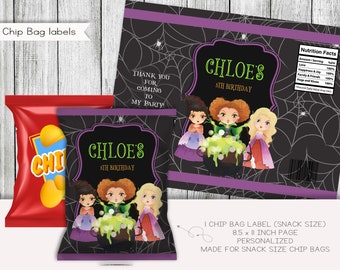 Witch Sisters Birthday Chip Bag Labels, Halloween Party Favors (Digital)