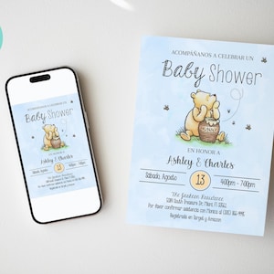 Spanish Classic Winnie the Pooh Baby Shower Invitation, Classic Bear Party Invitation, Printable, Digital, Editable, 5x7, JPG, PDF