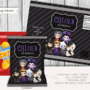 Girl Villains Birthday Snack Size Chip Bag Label, Queen Villains Labels, Party Favors, Personnalisé, Numérique