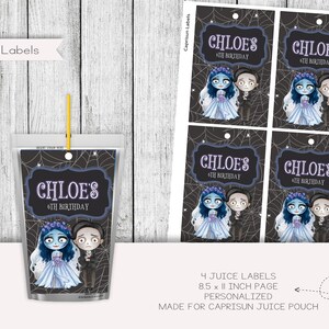 May include: Four printable juice box labels featuring a cartoon couple in a gothic wedding theme. The labels are designed for Capri Sun juice pouches and feature the text "Chloe's 6th Birthday".