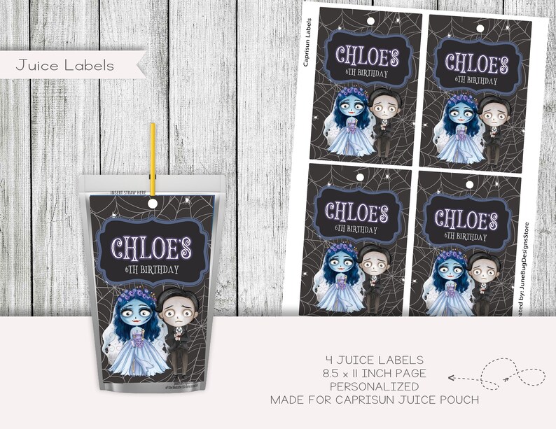 May include: Four printable juice box labels featuring a cartoon couple in a gothic wedding theme. The labels are designed for Capri Sun juice pouches and feature the text "Chloe's 6th Birthday".