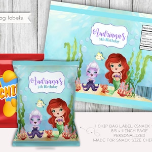 May include: A printable chip bag label featuring a mermaid and Ursula from Disney's The Little Mermaid. The label is personalized with the name "Audrianas" and the text "5th Birthday".